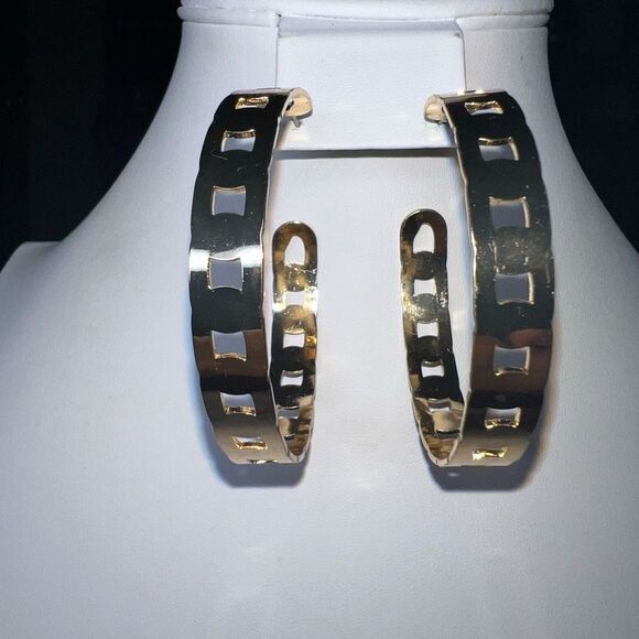 Gold Tone Large “Filmstrip” Cut Hoop Earrings - Picture 2 of 7